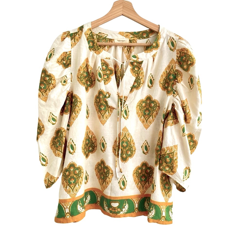 Haute Hippie Linen Boho Block Print Graphic Festival Cottage Prairie Artsy Top L